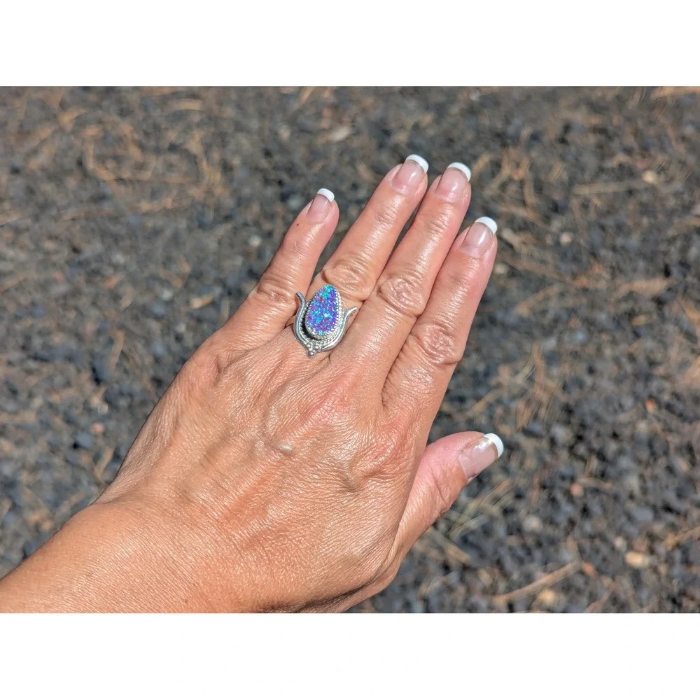 Zuni Corn Ring Purple Blue Opal Sterling Silver Native Am Jewelry Sz 7US**‎